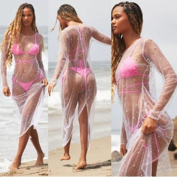 NWT Sparkling Waters Ivory Rhinestone and Pearl Midi Dress Mesh Swim Coverup - Picture 1 of 10